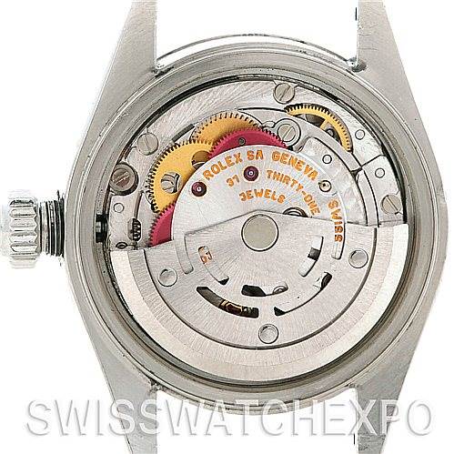 The image shows the back view of a Rolex Datejust 79174 Women's Stainless Steel Silver Dial 79174 Women's Stainless Steel Silver Dial watch, displaying its internal movement.