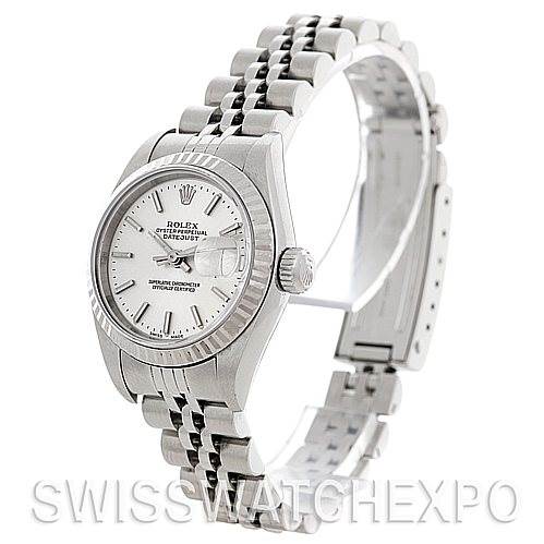 This image shows a side view of a Rolex Datejust 79174 Women's Stainless Steel Silver Dial 79174 Women's Stainless Steel Silver Dial watch, highlighting its face, crown, and bracelet.
