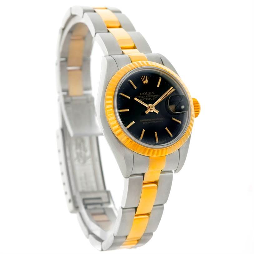 The Rolex Datejust 69173 Women's Stainless Steel Black Dial 69173 Women's Stainless Steel Black Dial watch is displayed at an angled front view, showing the dial, bezel, and partial bracelet.