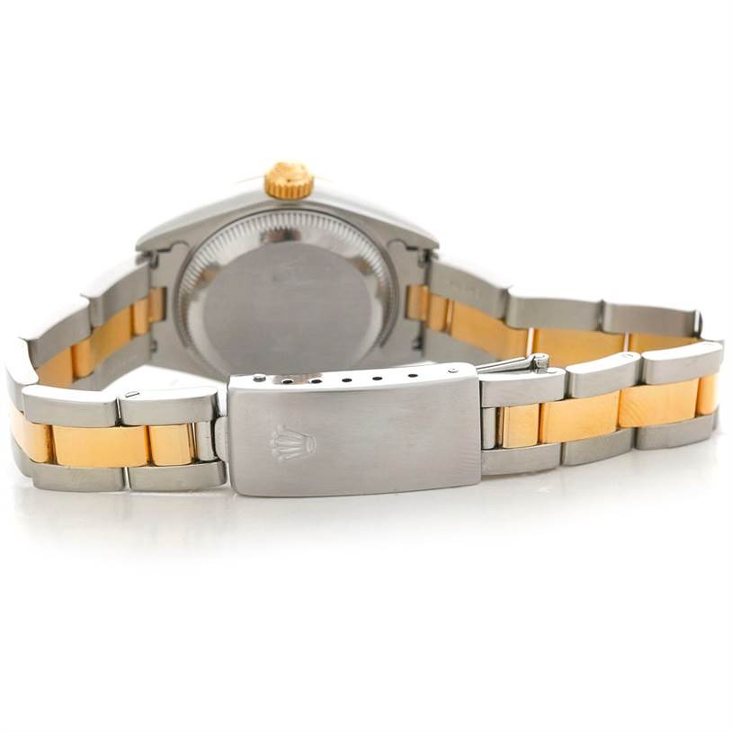 This image shows the back view of a Rolex Datejust 69173 Women's Stainless Steel Black Dial 69173 Women's Stainless Steel Black Dial watch, featuring its case, crown, and two-tone bracelet with clasp.