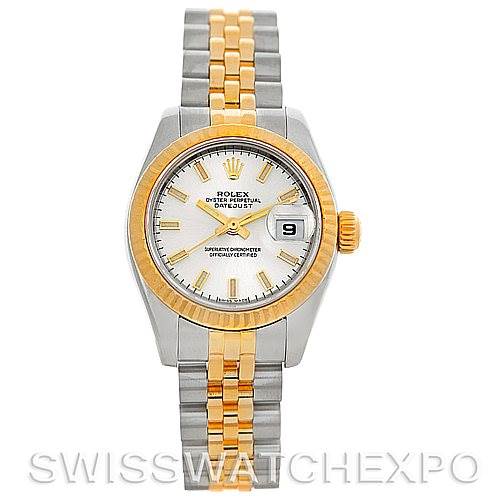 The image shows a Rolex Datejust 179173SSJ Women's Steel and Gold (two tone) Champagne Dial 179173SSJ Women's Steel and Gold (two tone) Champagne Dial watch from a front angle, featuring a two-tone bracelet and a date window at 3 o'clock.