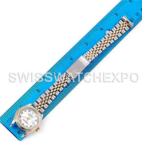 The image shows a Rolex Datejust 69173 Women's Stainless Steel White Dial 69173 Women's Stainless Steel White Dial watch laid flat next to a blue ruler for scale.