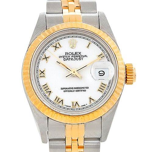 This Rolex Datejust 69173 Women's Stainless Steel White Dial 69173 Women's Stainless Steel White Dial watch is shown from the front, highlighting the dial, bezel, bracelet, and crown.