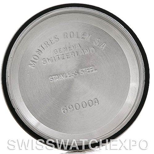 This image shows the inside of a stainless steel case back for a Rolex Datejust 69173 Women's Stainless Steel White Dial 69173 Women's Stainless Steel White Dial model, featuring brand engravings and model number "69000A."