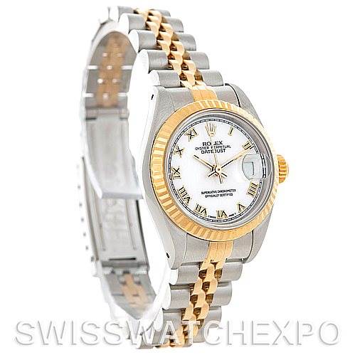 The image shows a Rolex Datejust 69173 Women's Stainless Steel White Dial 69173 Women's Stainless Steel White Dial watch at an angled side view, displaying its two-tone bracelet, fluted bezel, and white dial with Roman numerals.