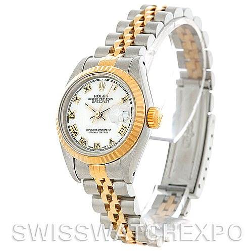 The image shows the Rolex Datejust 69173 Women's Stainless Steel White Dial 69173 Women's Stainless Steel White Dial model from an angled view, highlighting the face, bezel, and two-tone bracelet.