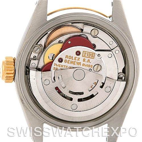 The image shows the internal movement and components of a Rolex Datejust 69173 Women's Stainless Steel White Dial 69173 Women's Stainless Steel White Dial watch viewed from the case back angle.