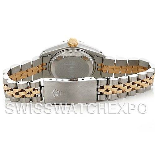 The image shows the back view of a Rolex Datejust 69173 Women's Stainless Steel White Dial 69173 Women's Stainless Steel White Dial model, highlighting its two-tone bracelet and clasp.