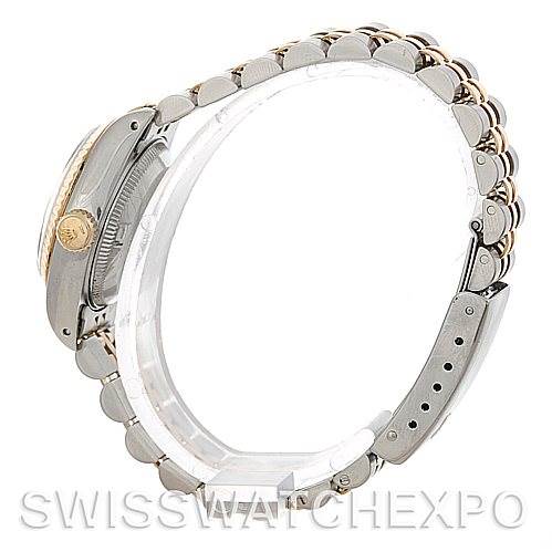 The image shows a side view of the Rolex Datejust 69173 Women's Stainless Steel White Dial 69173 Women's Stainless Steel White Dial, highlighting its bracelet and clasp.