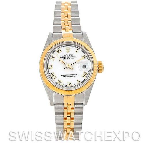 The image shows a top-down view of a Rolex Datejust 69173 Women's Stainless Steel White Dial 69173 Women's Stainless Steel White Dial watch, featuring a two-tone bracelet, a white dial with Roman numerals, and a date window.