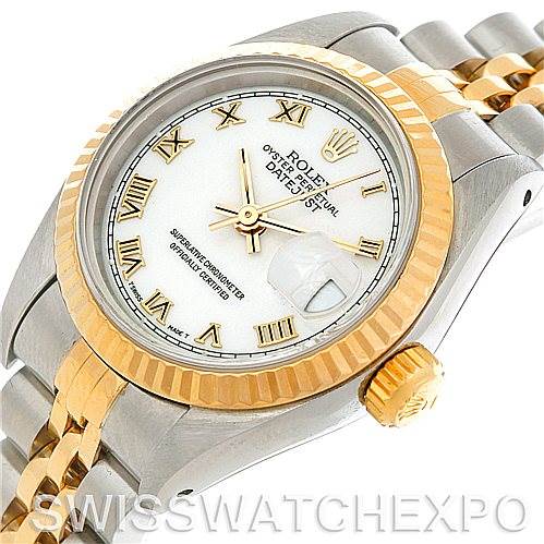 The Rolex Datejust 69173 Women's Stainless Steel White Dial 69173 Women's Stainless Steel White Dial watch is viewed at an angle showing the face, bezel, crown, and part of the bracelet.