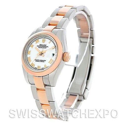 This image shows a Rolex Datejust 179161 Women
s Steel and Gold (two tone) White Dial 179161 Women
s Steel and Gold (two tone) White Dial watch angled to display the face, case, and part of the bracelet.