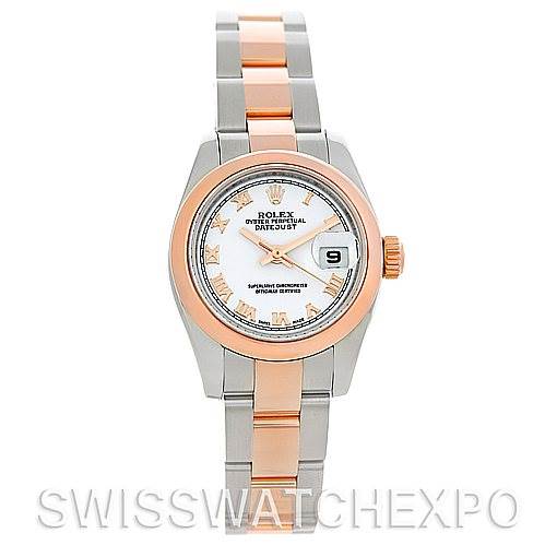 This image shows a Rolex Datejust 179161 Women
s Steel and Gold (two tone) White Dial 179161 Women
s Steel and Gold (two tone) White Dial model watch from a front angle, highlighting the face, bezel, and bracelet.