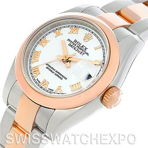 This image shows a close-up angle of a Rolex Datejust 179161 Women
s Steel and Gold (two tone) White Dial 179161 Women
s Steel and Gold (two tone) White Dial, highlighting the face, bezel, crown, and part of the bracelet.