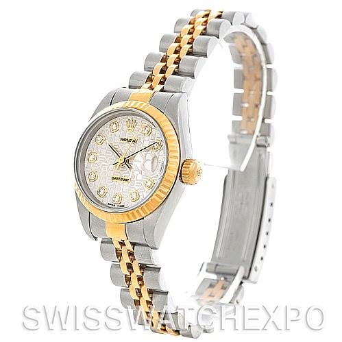 This image shows a Rolex Datejust 79173 Women's Stainless Steel Silver Dial 79173 Women's Stainless Steel Silver Dial watch at an angle, highlighting its face, bezel, and two-tone Jubilee bracelet.