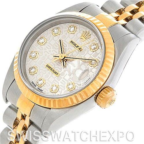 The Rolex Datejust 79173 Women's Stainless Steel Silver Dial 79173 Women's Stainless Steel Silver Dial watch is shown at a slightly tilted angle, highlighting its bezel, crown, and face with diamond hour markers.