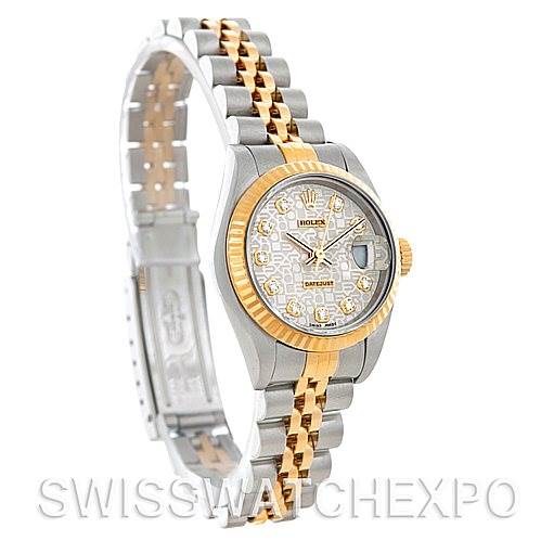 The image shows a three-quarter angle of a Rolex Datejust 79173 Women's Stainless Steel Silver Dial 79173 Women's Stainless Steel Silver Dial watch, highlighting its two-tone bracelet, fluted bezel, and diamond hour markers.