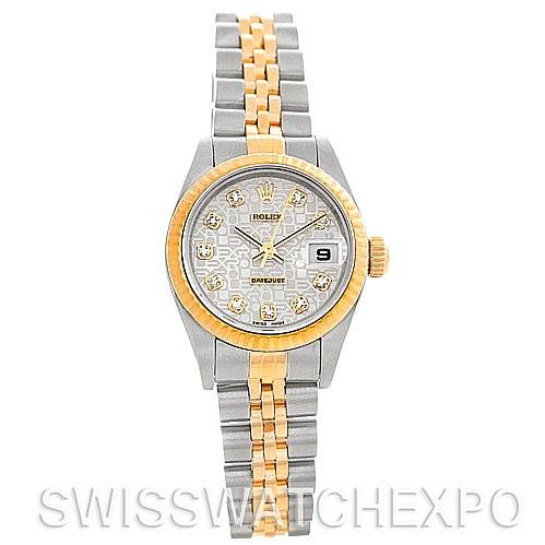 The Rolex Datejust 79173 Women's Stainless Steel Silver Dial 79173 Women's Stainless Steel Silver Dial watch is shown from a front angle, displaying its dial, bezel, and two-tone bracelet.