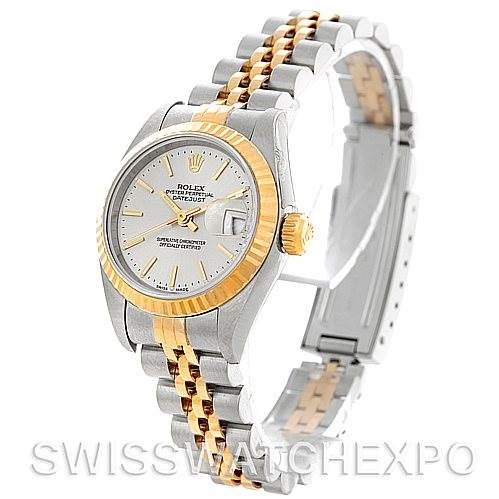 The Rolex Datejust 79173 Women's Stainless Steel Silver Dial 79173 Women's Stainless Steel Silver Dial watch is shown at an angled view, highlighting its dial, bezel, crown, and bracelet.