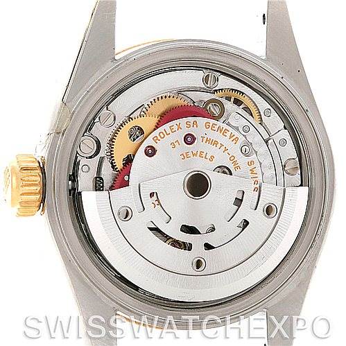 This image shows the internal mechanism of a Rolex Datejust 79173 Women's Stainless Steel Silver Dial 79173 Women's Stainless Steel Silver Dial watch, viewed from the back without its caseback.