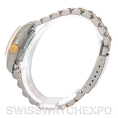 This image shows a side profile of a Rolex Datejust 79173 Women's Stainless Steel Silver Dial 79173 Women's Stainless Steel Silver Dial watch, highlighting the bracelet, case, and crown.