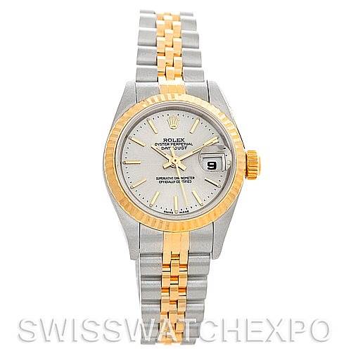 The image shows a front view of a Rolex Datejust 79173 Women's Stainless Steel Silver Dial 79173 Women's Stainless Steel Silver Dial watch with a two-tone bracelet and a date display.