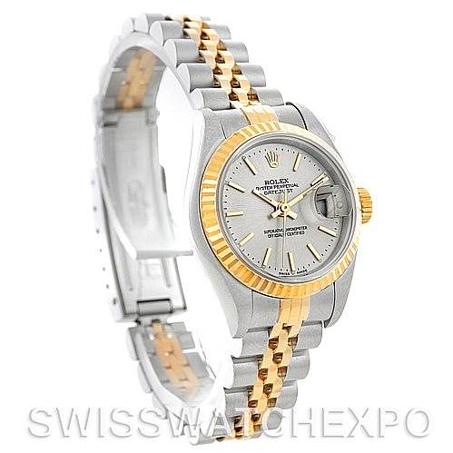 The image shows a Rolex Datejust 79173 Women's Stainless Steel Silver Dial 79173 Women's Stainless Steel Silver Dial watch at an angled view, highlighting the face, fluted bezel, and two-tone bracelet.
