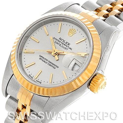The image shows a Rolex Datejust 79173 Women's Stainless Steel Silver Dial 79173 Women's Stainless Steel Silver Dial watch at a slight angle, highlighting its face, bezel, crown, and part of the bracelet.