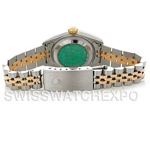 This image shows the back view of a Rolex Datejust 79173 Women's Stainless Steel Silver Dial 79173 Women's Stainless Steel Silver Dial watch, highlighting its two-tone bracelet and clasp.