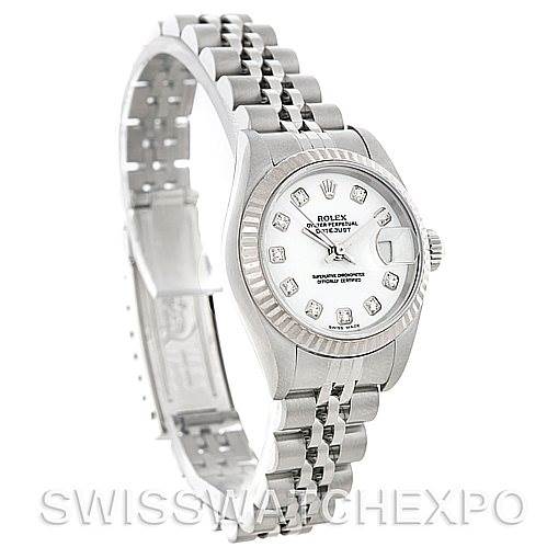 The image shows a Rolex Datejust 79174 Women's Stainless Steel White Dial 79174 Women's Stainless Steel White Dial watch at a three-quarter angle, displaying the face, bezel, bracelet, and partially open clasp.