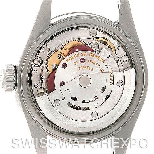 This image shows the Rolex Datejust 79174 Women's Stainless Steel White Dial 79174 Women's Stainless Steel White Dial watch from the back, displaying its internal mechanical movement and components.