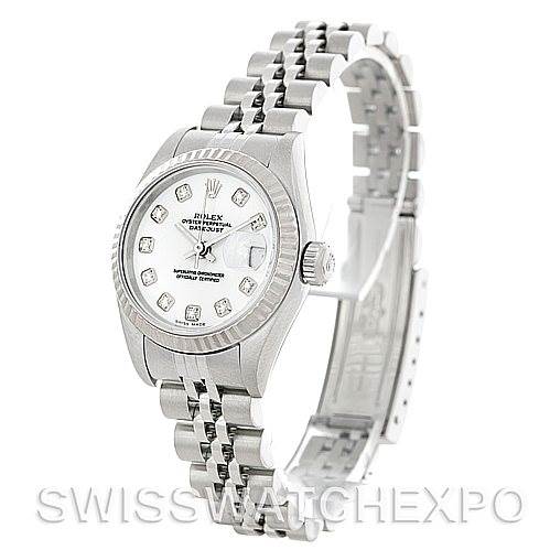 This image shows the Rolex Datejust 79174 Women's Stainless Steel White Dial 79174 Women's Stainless Steel White Dial watch viewed from a front angle, displaying the face, bezel, crown, and bracelet.