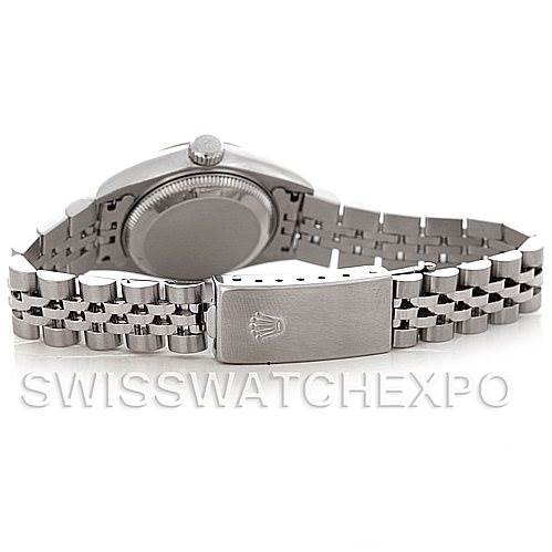 The image shows the back view of a Rolex Datejust 79174 Women's Stainless Steel White Dial 79174 Women's Stainless Steel White Dial watch, displaying the case back and the Jubilee bracelet with clasp.
