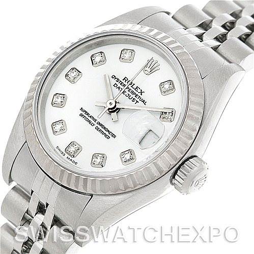 This image shows a top-down view of a Rolex Datejust 79174 Women's Stainless Steel White Dial 79174 Women's Stainless Steel White Dial watch, highlighting its face, crown, and part of the bracelet.