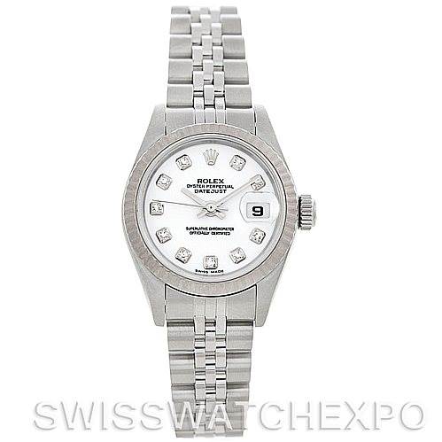 This image shows a front view of a Rolex Datejust 79174 Women's Stainless Steel White Dial 79174 Women's Stainless Steel White Dial watch, highlighting its dial, bezel, and bracelet.