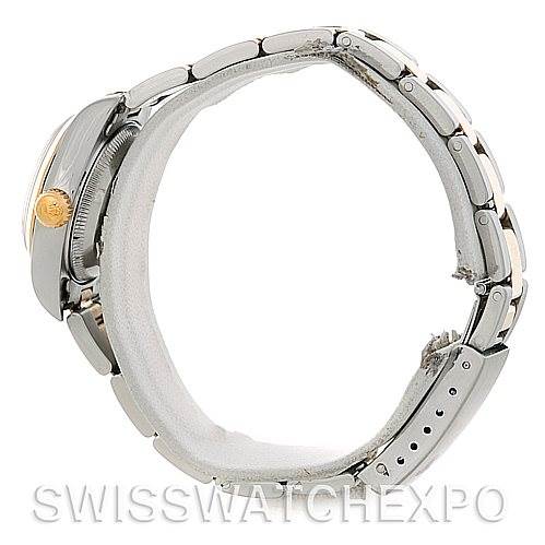 The image shows a side view of a Rolex Datejust 79163 Women's Steel and Gold (two tone) Silver Dial 79163 Women's Steel and Gold (two tone) Silver Dial watch, highlighting its bracelet and crown.