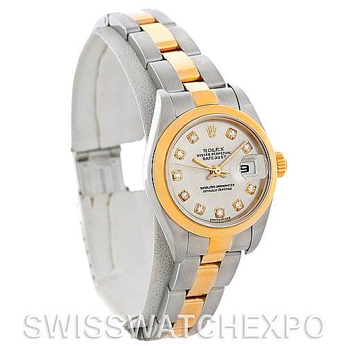 This image shows a front and side angle of the Rolex Datejust 79163 Women's Steel and Gold (two tone) Silver Dial 79163 Women's Steel and Gold (two tone) Silver Dial watch, highlighting the face, bezel, and bracelet.