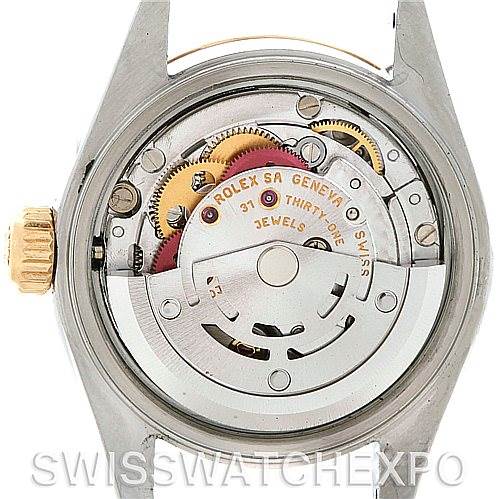 The image shows the movement and internal mechanism of a Rolex Datejust 79163 Women's Steel and Gold (two tone) Silver Dial 79163 Women's Steel and Gold (two tone) Silver Dial watch from a rear angle without its case back.