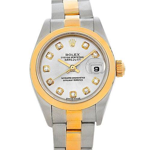The image shows a Rolex Datejust 79163 Women's Steel and Gold (two tone) Silver Dial 79163 Women's Steel and Gold (two tone) Silver Dial model watch from a front angle, displaying its face, bezel, and bracelet.