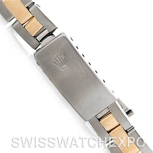 The image displays the clasp and part of the bracelet of a Rolex Datejust 79163 Women's Steel and Gold (two tone) Silver Dial 79163 Women's Steel and Gold (two tone) Silver Dial watch, showing its two-tone design.