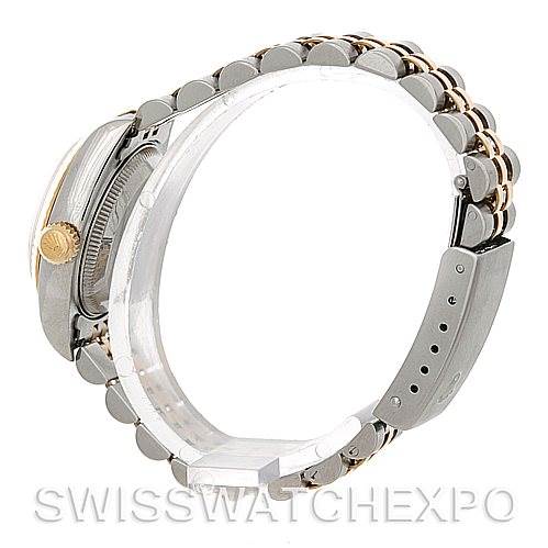 This image shows the side profile and strap of the Rolex Datejust 79173 Women's Stainless Steel Mother of Pearl Dial 79173 Women's Stainless Steel Mother of Pearl Dial watch.