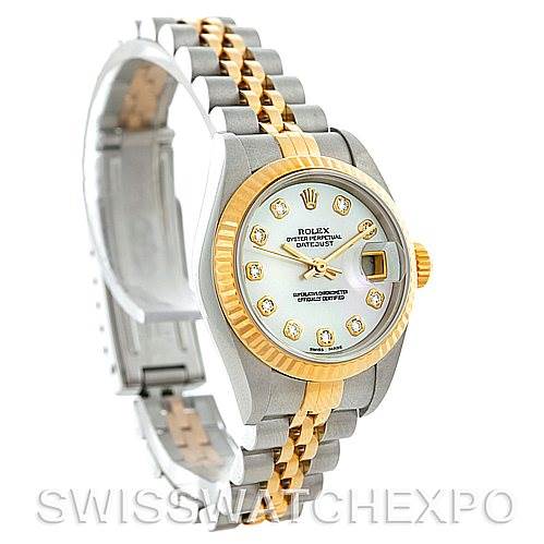 The image shows a Rolex Datejust 79173 Women's Stainless Steel Mother of Pearl Dial 79173 Women's Stainless Steel Mother of Pearl Dial model from a three-quarter angle, displaying the bracelet, bezel, dial, and crown.