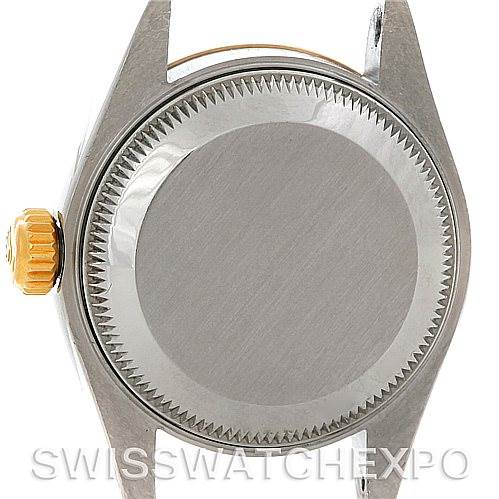This image shows the back case and crown of a Rolex Datejust 79173 Women's Stainless Steel Mother of Pearl Dial 79173 Women's Stainless Steel Mother of Pearl Dial watch from an overhead angle.
