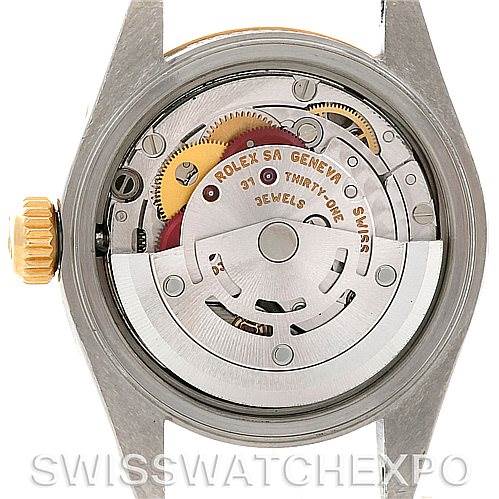 This image shows the internal mechanism and movement of a Rolex Datejust 79173 Women's Stainless Steel Mother of Pearl Dial 79173 Women's Stainless Steel Mother of Pearl Dial watch from a back angle.