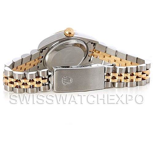 The image shows the back view of a Rolex Datejust 79173 Women's Stainless Steel Mother of Pearl Dial 79173 Women's Stainless Steel Mother of Pearl Dial watch, highlighting its jubilee bracelet and clasp.