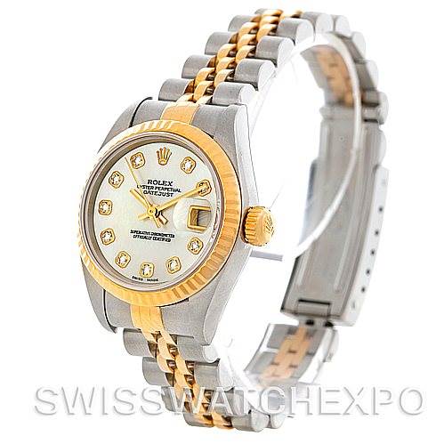 This image shows a side and front angle of a Rolex Datejust 79173 Women's Stainless Steel Mother of Pearl Dial 79173 Women's Stainless Steel Mother of Pearl Dial watch, highlighting the face, bezel, crown, and bracelet.