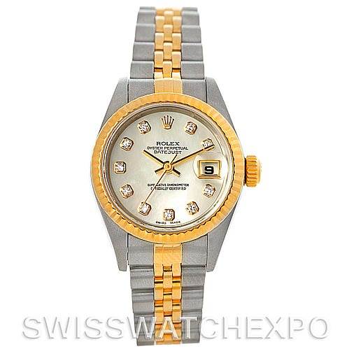 This image shows a front-facing view of a Rolex Datejust 79173 Women's Stainless Steel Mother of Pearl Dial 79173 Women's Stainless Steel Mother of Pearl Dial watch, highlighting its dial, bezel, and bracelet.