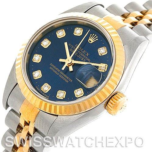 The Rolex Datejust 79173 Women's Stainless Steel Blue Dial 79173 Women's Stainless Steel Blue Dial watch is shown at a slightly tilted top-down angle, featuring its dial, bezel, crown, and part of the bracelet.