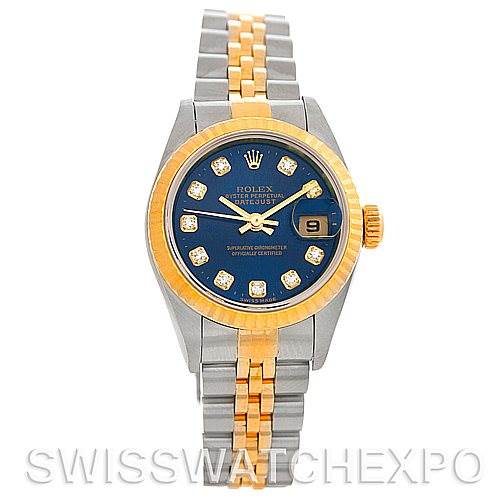 The image shows a Rolex Datejust 79173 Women's Stainless Steel Blue Dial 79173 Women's Stainless Steel Blue Dial watch from a front angle, featuring a blue dial, diamond hour markers, and a two-tone metal bracelet.