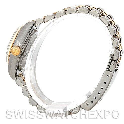 The image shows a side view of the Rolex Datejust 79173 Women's Stainless Steel Blue Dial 79173 Women's Stainless Steel Blue Dial watch, displaying the crown, case, and part of the bracelet.
